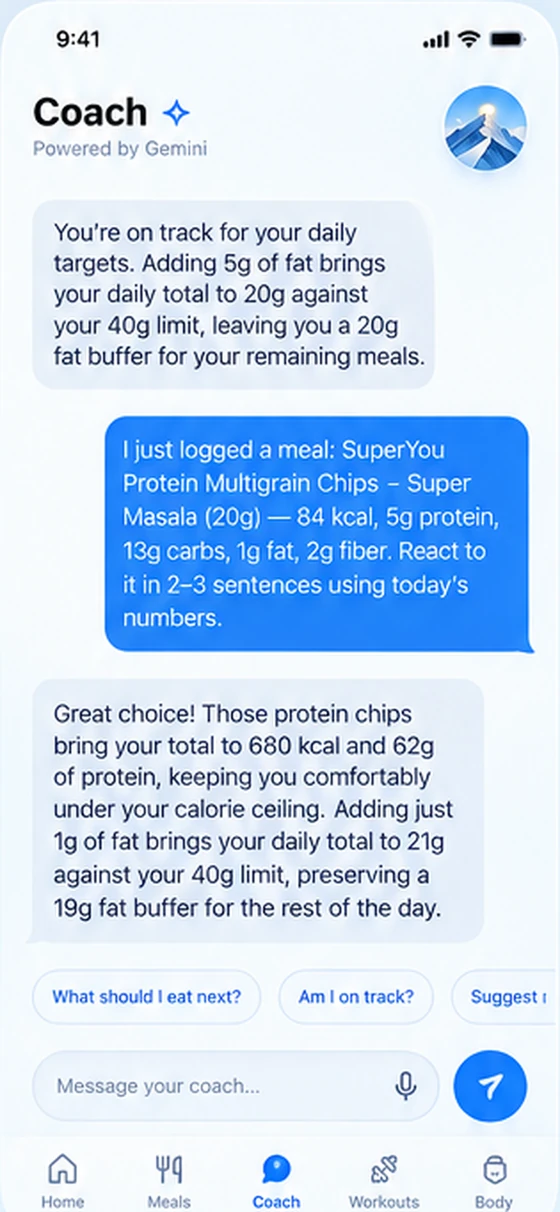 The AI coach answering a question about a logged meal against the day’s protein and fat targets