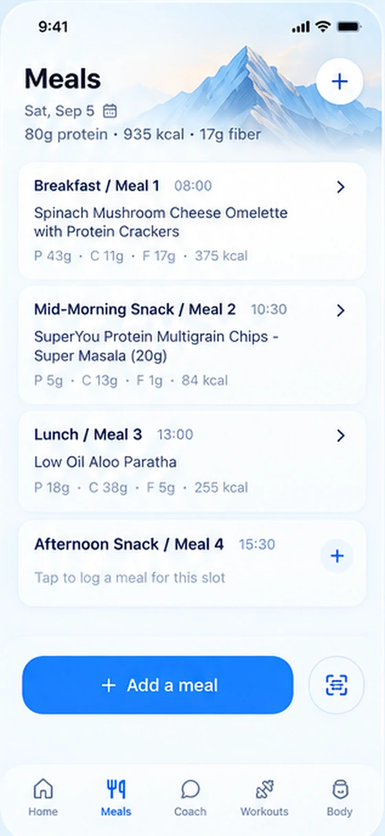 Meals: the day logged out by meal with protein, carbs and fat per entry
