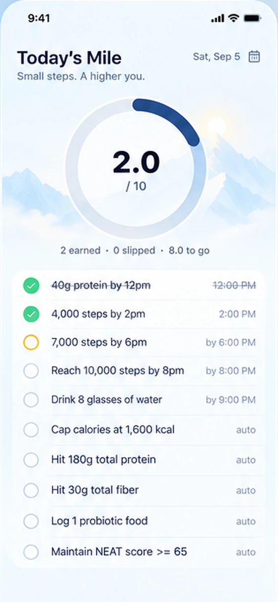 Today's Mile: the day's targets as a checklist with a completion ring